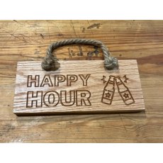 Engraved Oak Rope Hanging Sign - Happy Hour