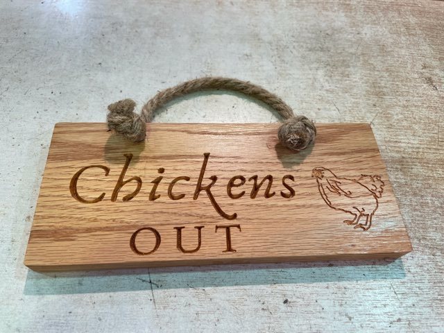 Engraved Oak Rope Hanging Sign - Chickens Out