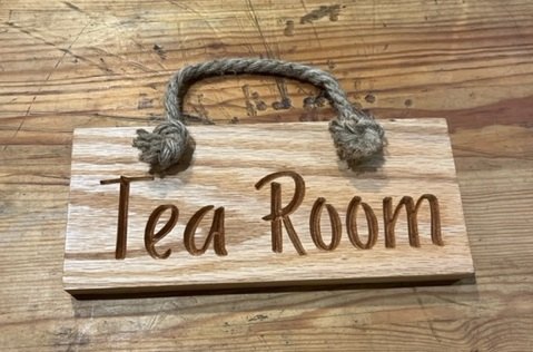 Engraved Oak Rope Hanging Sign - Tea Room