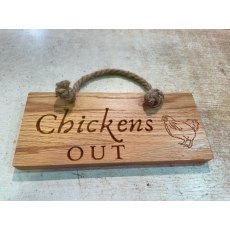 Engraved Oak Rope Hanging Sign - Chickens Out