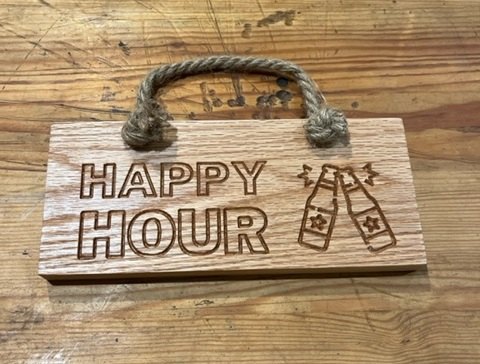 Engraved Oak Rope Hanging Sign - Happy Hour